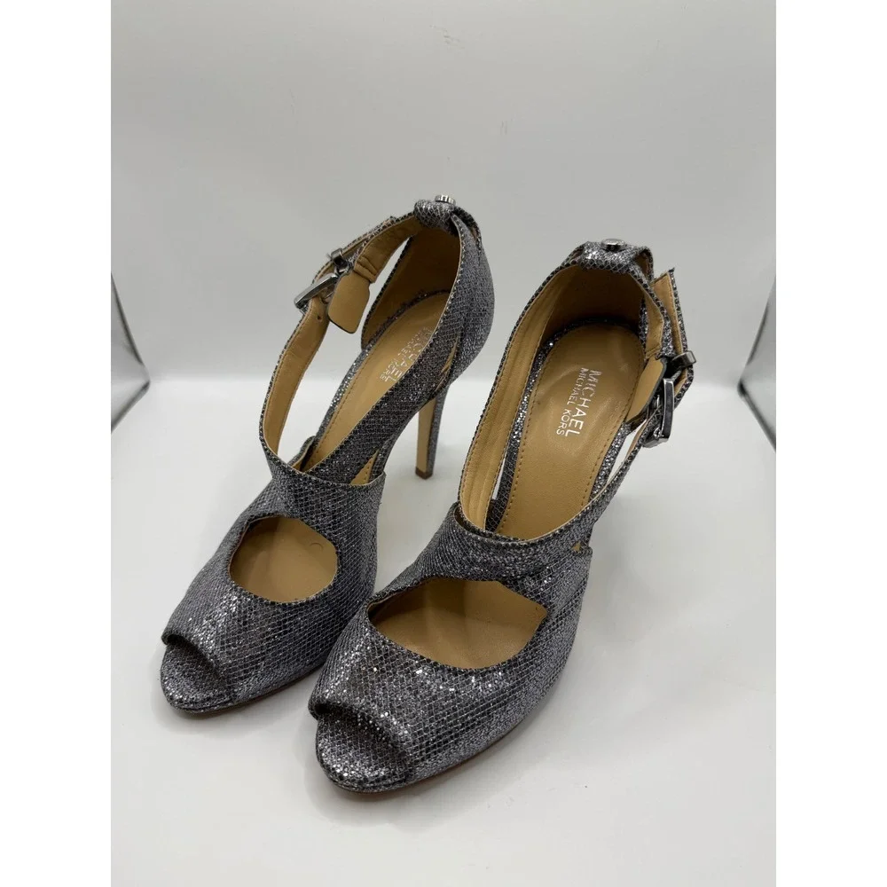 Michael Kors Glitter Snakeskin Peep Toe Platform Ankle Strap Heels Size 8M